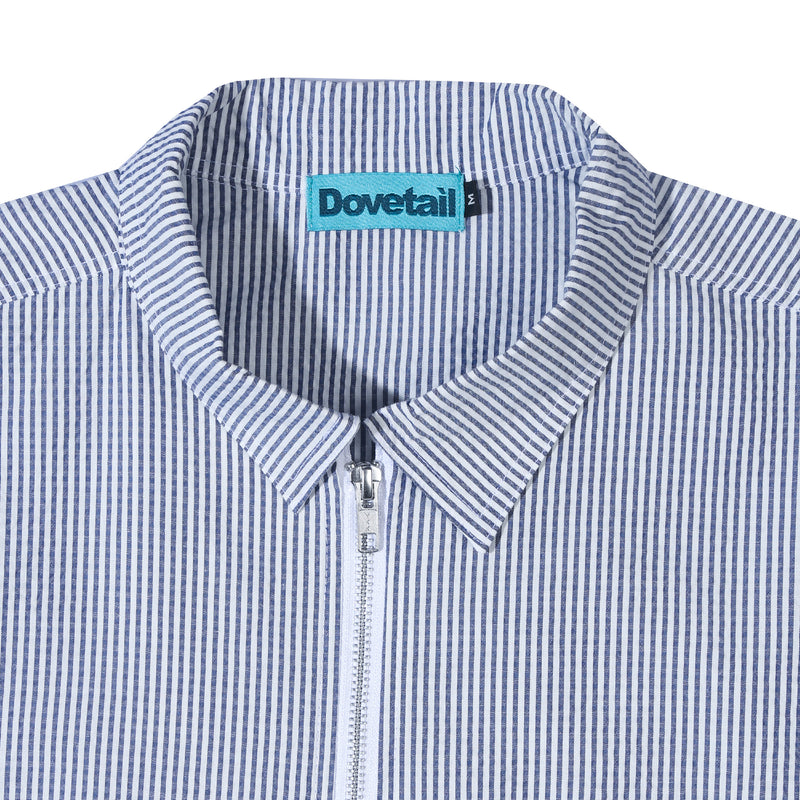 Double Pocket Zip Up Shirt - White Blue